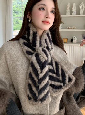 韩版皮草秋冬天然大理石灰双面拼色V型保暖女水貂毛围脖毛领围巾