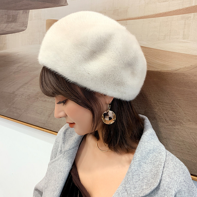 新款水貂帽子优雅时尚贝雷帽冬帽皮草女款水貂整皮防寒春冬保暖