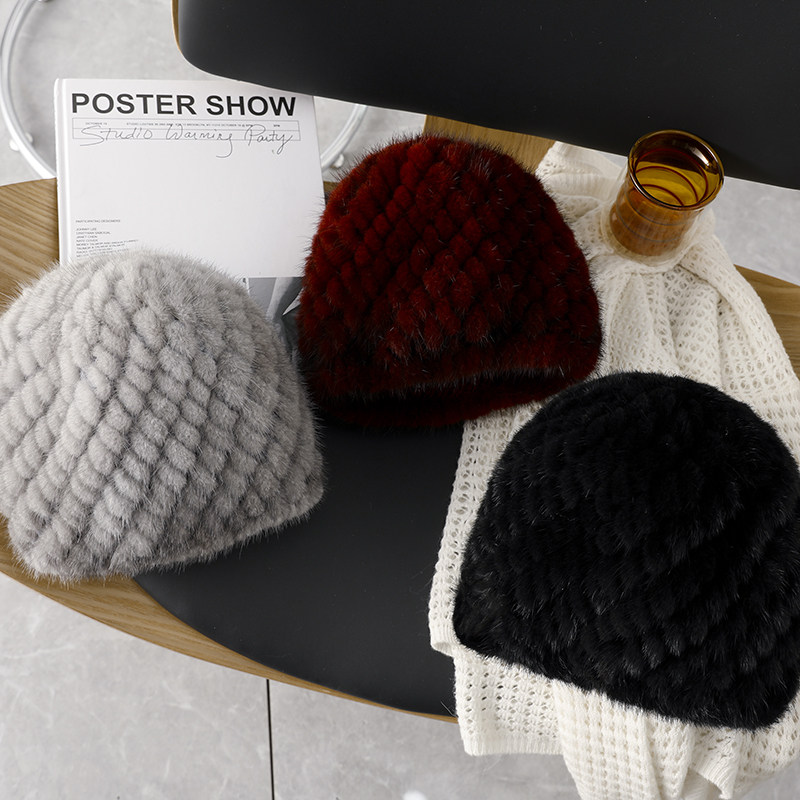 秋冬休闲保暖皮草帽子水貂毛编织弹力貂皮女帽 中老年菠萝帽子