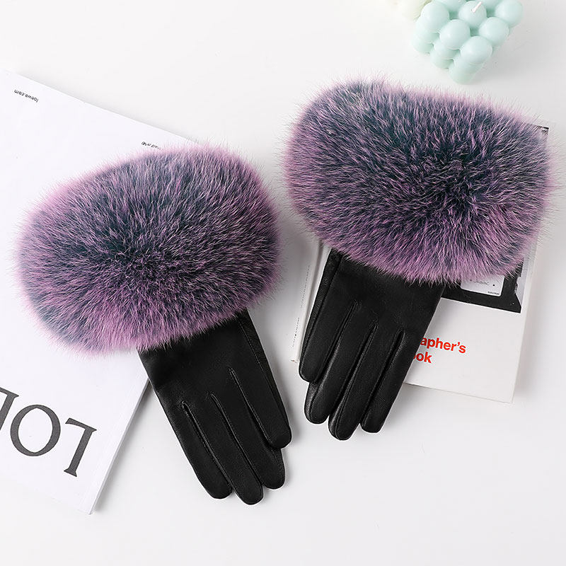 韩版真羊皮女式手套狐狸毛真皮手套冬季手套大狐狸毛口多色可选