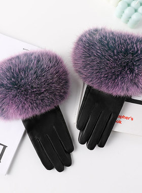 韩版真羊皮女式手套狐狸毛真皮手套冬季手套大狐狸毛口多色可选