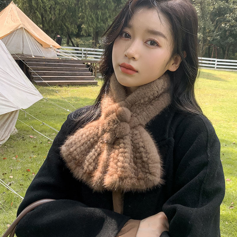 新款商务OL勾花朵 皮草围巾 短款水貂毛编织保暖女士围脖貂皮脖套