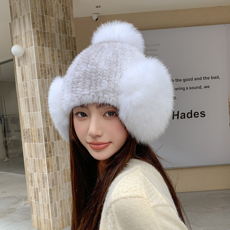 水貂毛编织弹力护耳帽耳包帽子狐狸毛球球可爱保暖冬天女帽显脸小