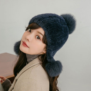 女士新款双面水貂毛密编织真毛狐狸毛球球大护耳冬季保暖皮草帽子