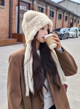 水貂帽编织长流苏小耳朵针织帽  女冬季保暖护耳皮草帽子甜美可爱