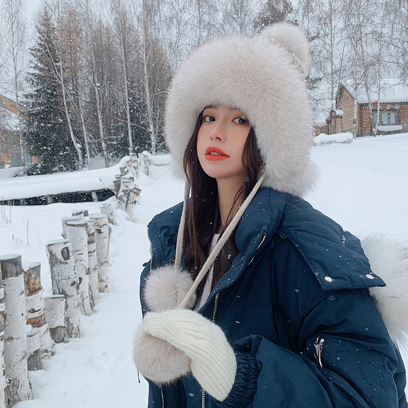 狐狸毛皮草雷锋帽针织毛线护耳帽