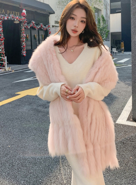 DU订制秋冬中国风大狐狸毛粉色大衣礼服披肩流苏尾巴男女长围巾