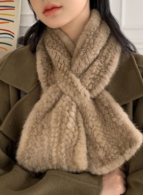 韩版新品 水貂毛皮草围巾 手工双面编织围脖冬季保暖女宽版