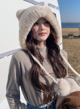 水貂毛毛线帽秋冬女款 可爱小熊帽针织帽保暖防寒护耳帽毛绒帽子