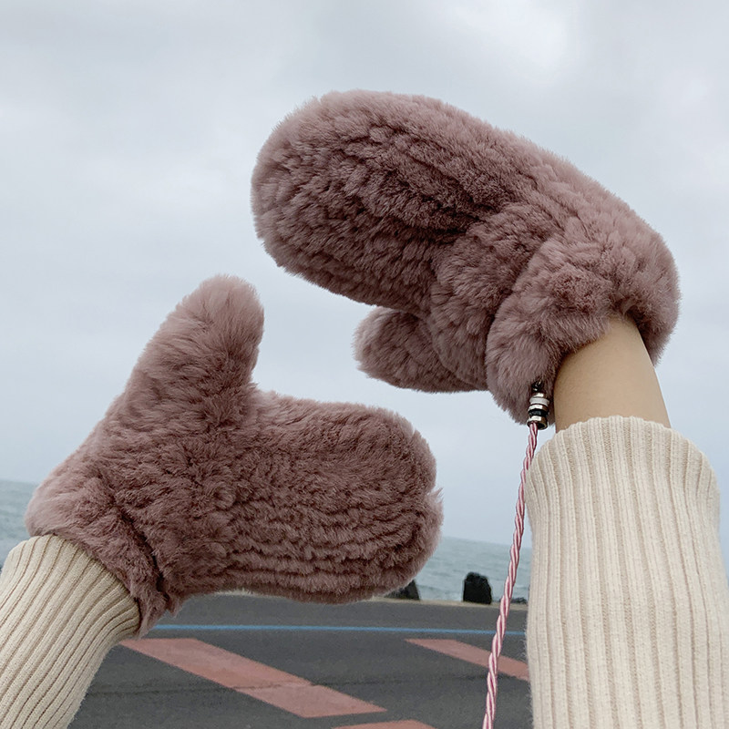 韩版新品 时尚韩国獭兔毛连指挂脖皮草手套 冬季保暖真毛毛女可爱