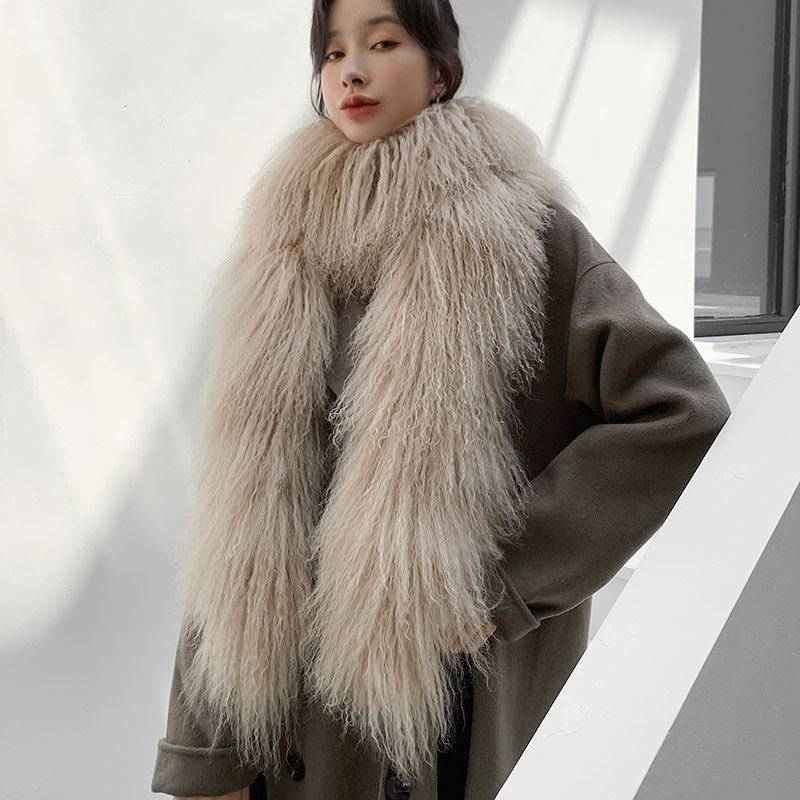 韩国品质滩羊毛围巾双面整皮开条长款皮草毛领子围脖加厚时尚保暖