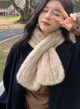 韩版水貂编织围巾秋女冬季加厚保暖皮草披肩双面交叉围脖真毛领子