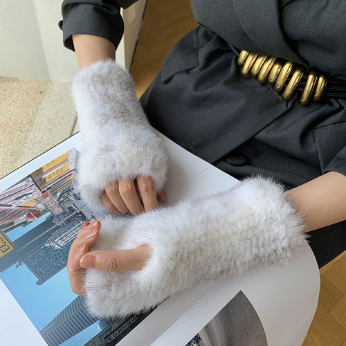 韩版女士皮草编织20cm半指手套