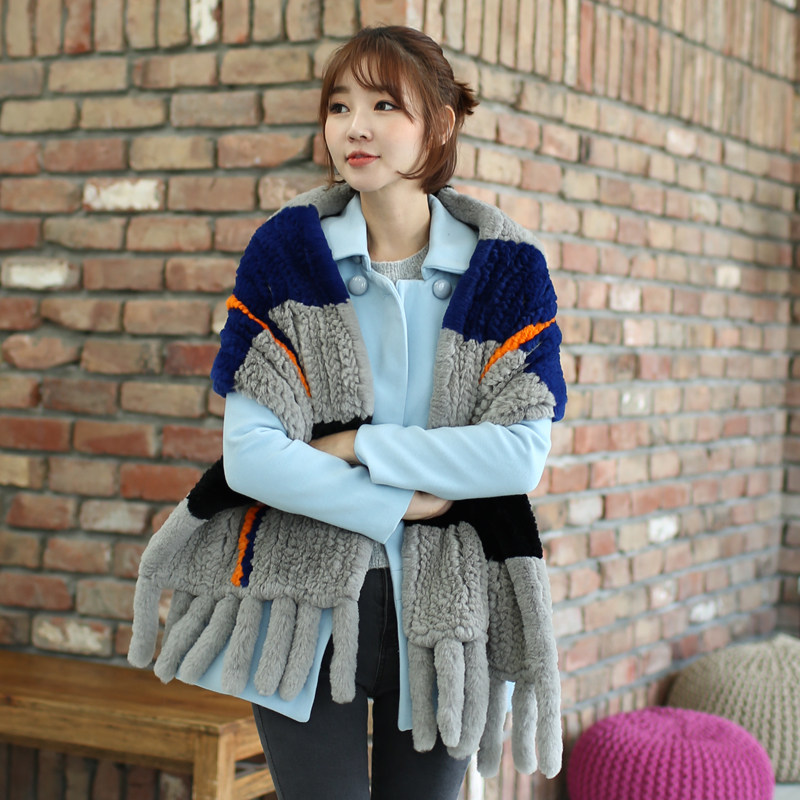 反季促销韩国秋冬撞色围脖超宽拼色保暖披肩獭兔毛围巾女韩版