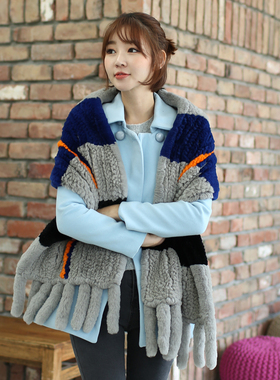 反季促销韩国秋冬撞色围脖超宽拼色保暖披肩獭兔毛围巾女韩版