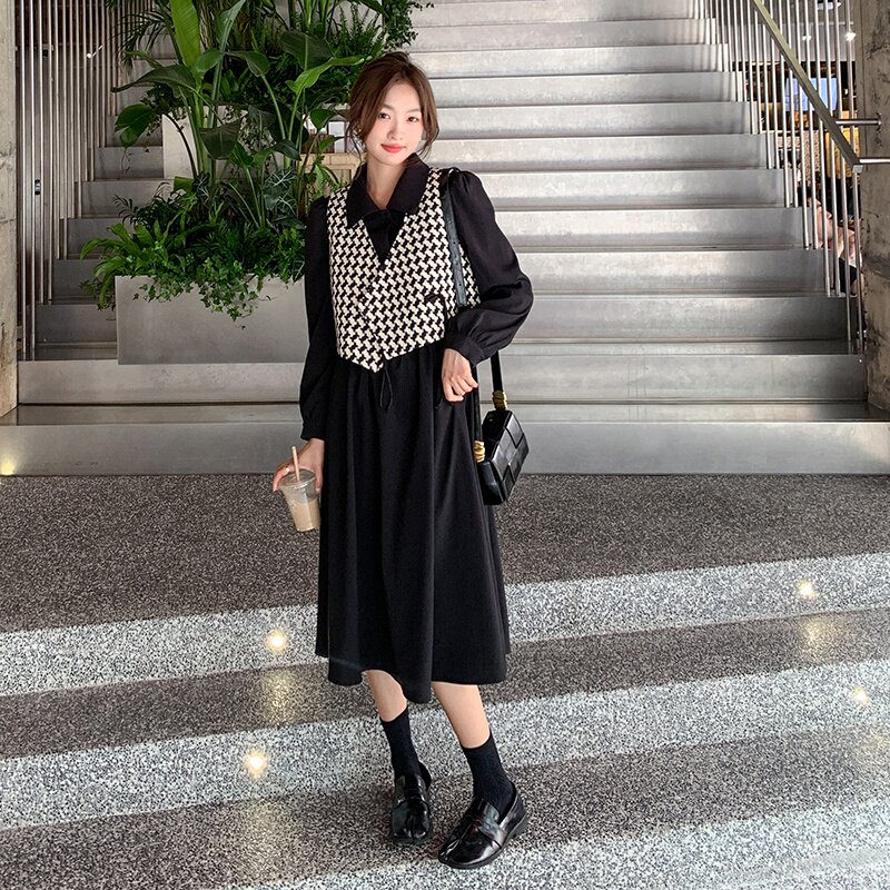 法式格子衬衫连衣裙两件套女2022早秋新款高级感休闲时尚马甲套装图片