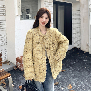 黄色高级感粗花呢小香风短外套女2025春法式高小个子名媛气质上衣图片