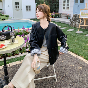 蕾丝拼接皮衣短外套女2025年秋季新款韩系高级感复古休闲pu皮夹克图片