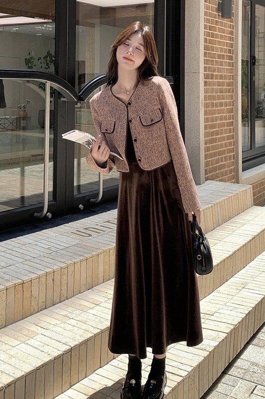 法式小香风外套丝绒连衣裙套装女2024秋季新款名媛气质长裙两件套,女装套装/套裙,惟卡贝娜