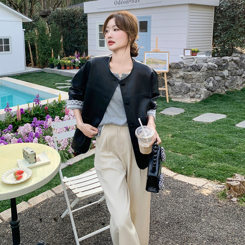 蕾丝拼接皮衣短外套女2025年秋季新款韩系高级感复古休闲pu皮夹克,女装皮衣,惟卡贝娜