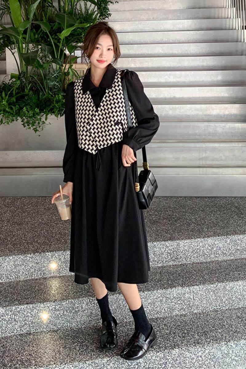 法式格子衬衫连衣裙两件套女2022早秋新款高级感休闲时尚马甲套装,女装套装/套裙,惟卡贝娜