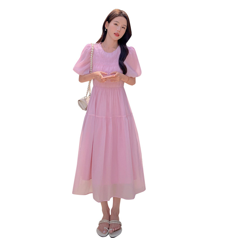 法式粉色方领连衣裙女夏2025新款温柔风甜美宽松泡泡袖初恋长裙子,女装连衣裙,惟卡贝娜