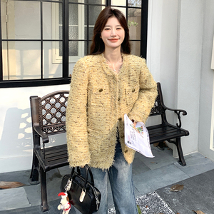 黄色高级感粗花呢小香风短外套女2025春法式高小个子名媛气质上衣图片