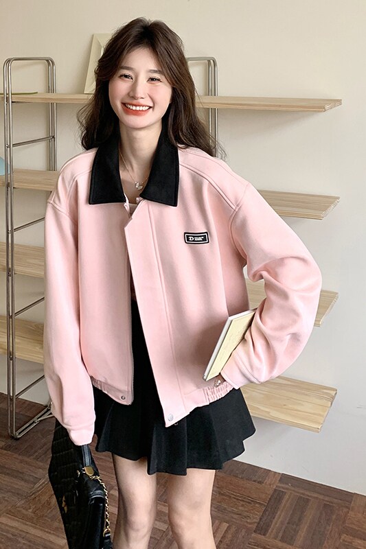 粉色麂皮绒休闲短外套女春秋2025年新款小个子独特超好看夹克上衣,女装短外套,惟卡贝娜