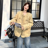黄色高级感粗花呢小香风短外套女2025春法式高小个子名媛气质上衣，女装短外套，惟卡贝娜