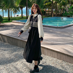 法式黑色假两件长袖连衣裙女2025春季新款设计感高腰显瘦A字长裙图片