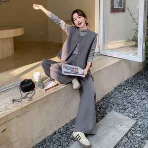 灰色流苏小香风马甲套装女2025秋季新款高级感打底衫阔腿裤三件套图片