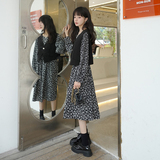 韩系长款赫本学院风2025女秋季新款漂亮长袖碎花连衣裙马甲两件套，女装连衣裙，惟卡贝娜