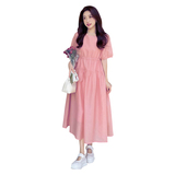 粉色泡泡袖连衣裙女2025夏季新款法式温柔风高腰显瘦中长款仙女裙，女装连衣裙，惟卡贝娜