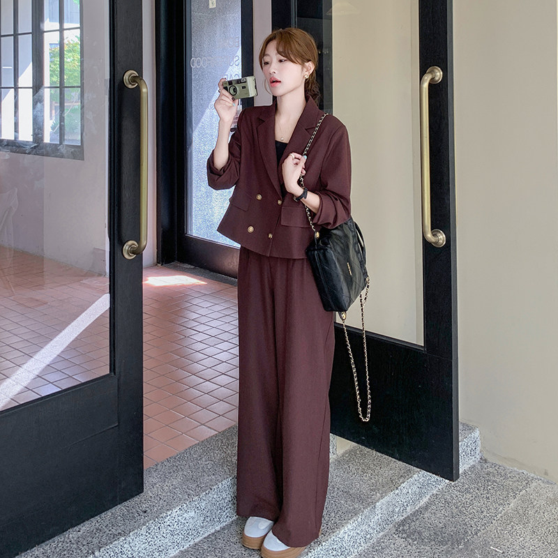 通勤穿搭灰色西装套装女初春秋2025超火好看高级感阔腿长裤两件套,女装套装/套裙,惟卡贝娜