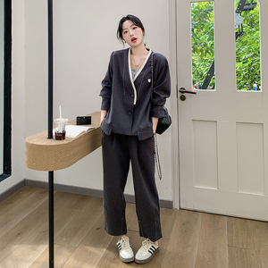 灰色西装套装女2025春季新款韩版高级感ootd穿搭休闲阔腿裤两件套图片