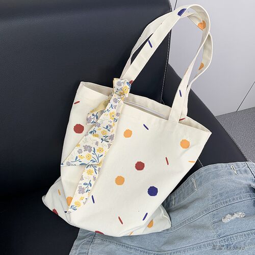 帆布包彩色圆点大容量手提袋拉链