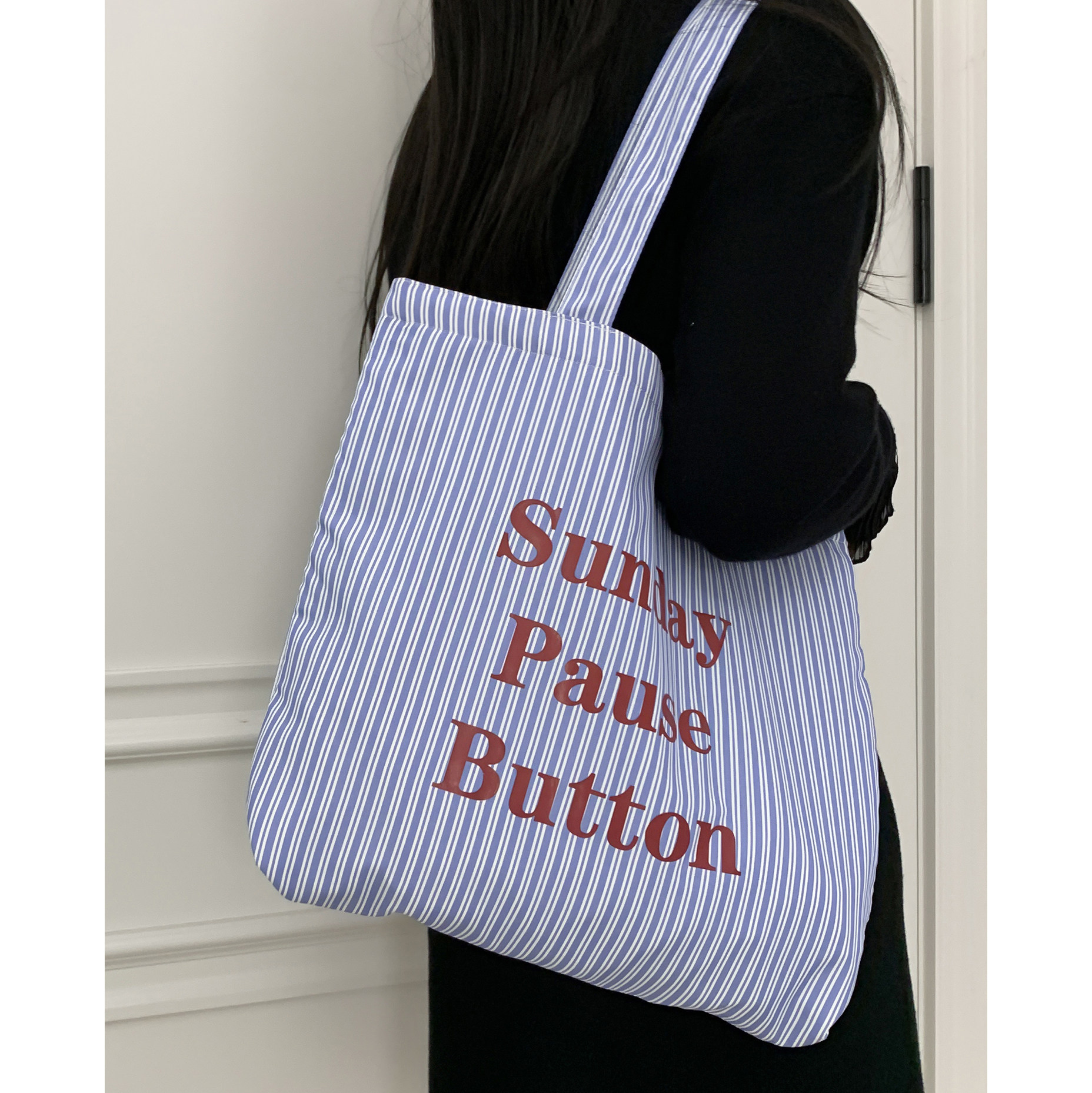 韩系条纹字母印花帆布包女大容量百搭学生单肩包包日常通勤托特包