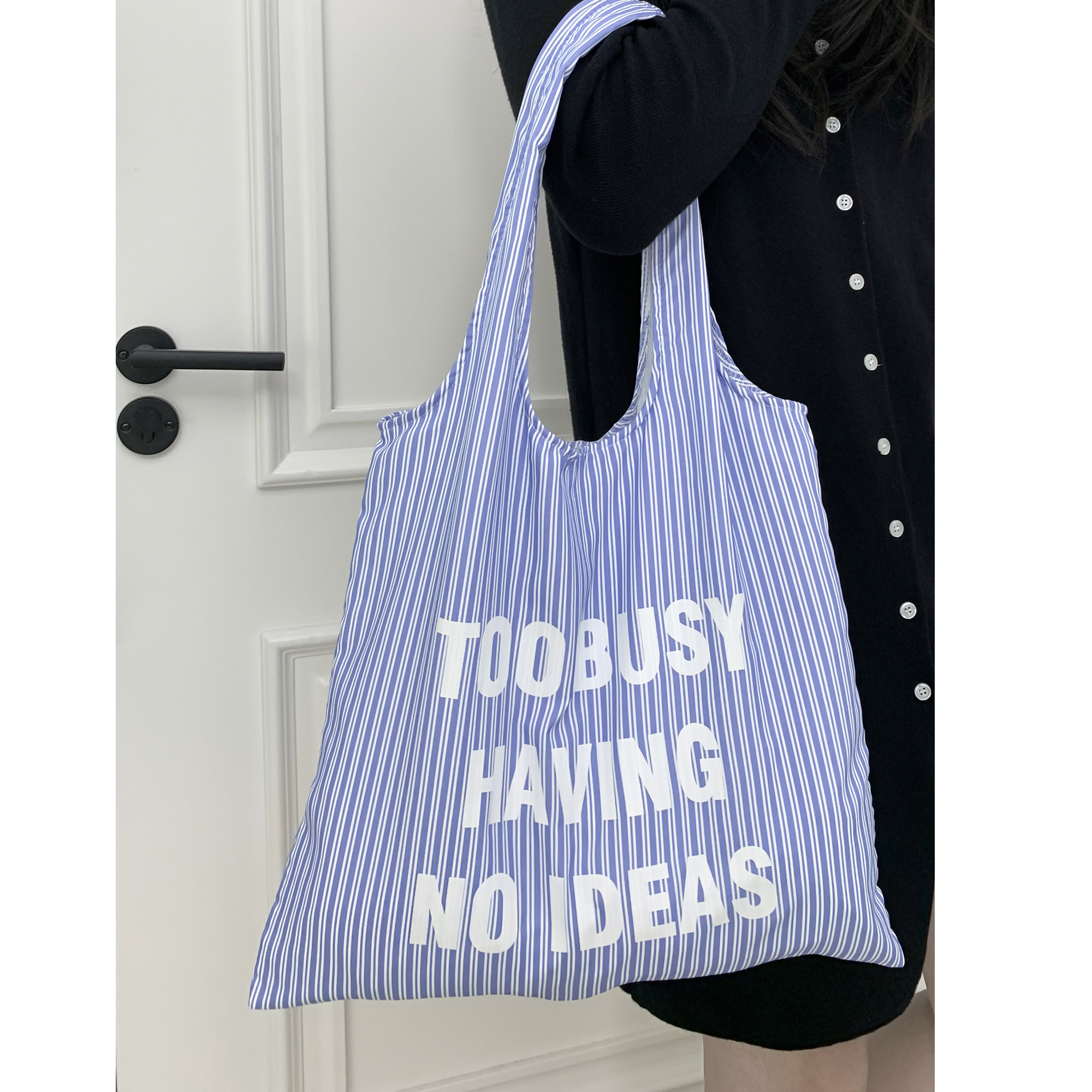 韩系条纹字母印花帆布包女大容量百搭学生单肩包包日常通勤托特包