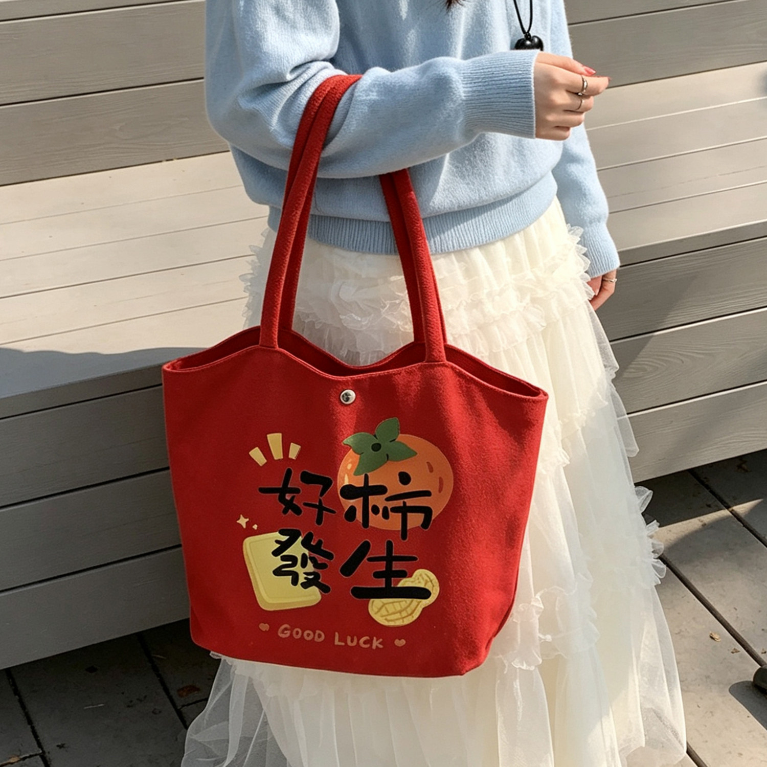 卡通印花帆布手提包女学生补习大容量通勤水桶包饭盒袋红色伴手礼