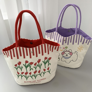 2025新款韩系可爱手提小拎包出门杂物袋通勤上班饭盒水桶包帆布包