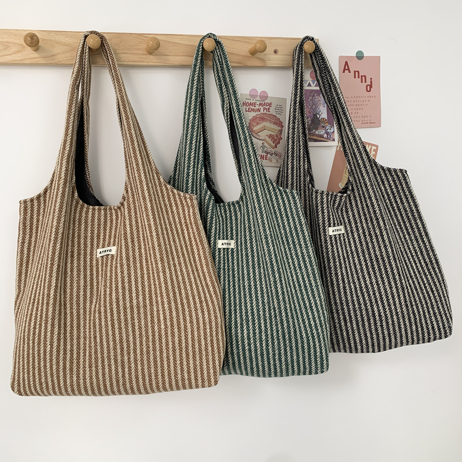 韩系毛呢条纹帆布包女加厚秋冬学生百搭单肩上班通勤大容量手提袋,箱包皮具/热销女包/男包,时尚帆布包,淘宝优惠券,粉丝福利购,淘宝优惠卷