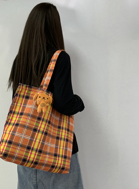 2025秋冬新款橙色格纹托特包休闲橘黄帆布包大容量学生布袋单肩包