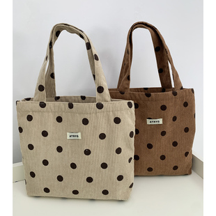 灯芯绒波点手提包女2025新款 大容量小方包饭盒化妆杂物包通勤包袋
