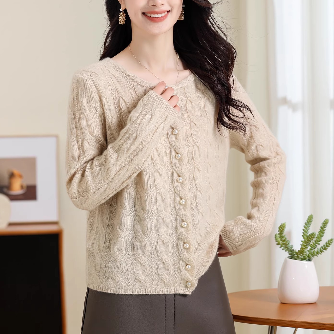 迪瑞羊100%山羊绒厚开衫