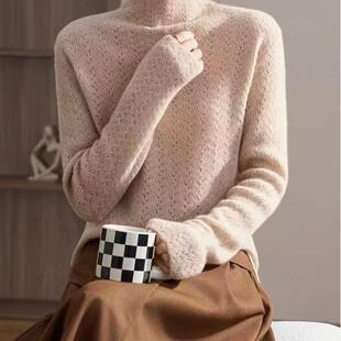 迪瑞羊多色女士镂空提花有XL码 薄款 100%山羊绒毛衣半高领纯羊绒衫