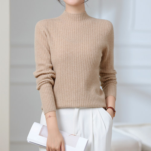 半高领100%山羊绒抽条打底衫