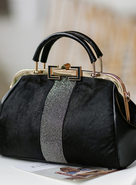 女士手提包包2025秋冬新款马毛镶钻气质女包手提夹子包单肩斜挎包