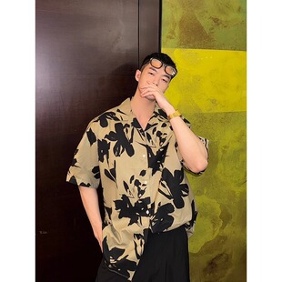 衬衣潮 美式 简约宽松休闲叶子印花度假风宽松短袖 POLO衬衫 男女夏季