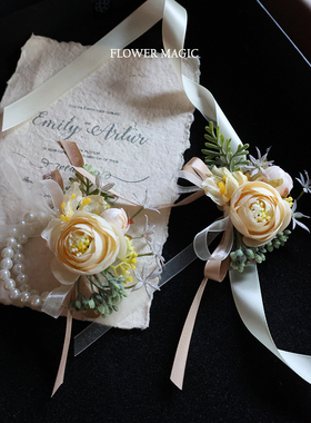 香槟色森系淡雅优雅高级感新娘伴娘姐妹团结婚礼活动仿真花手腕花