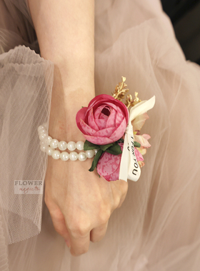 森系小清新玫红香槟新娘伴娘姐妹团结婚礼活动韩式唯美仿真手腕花